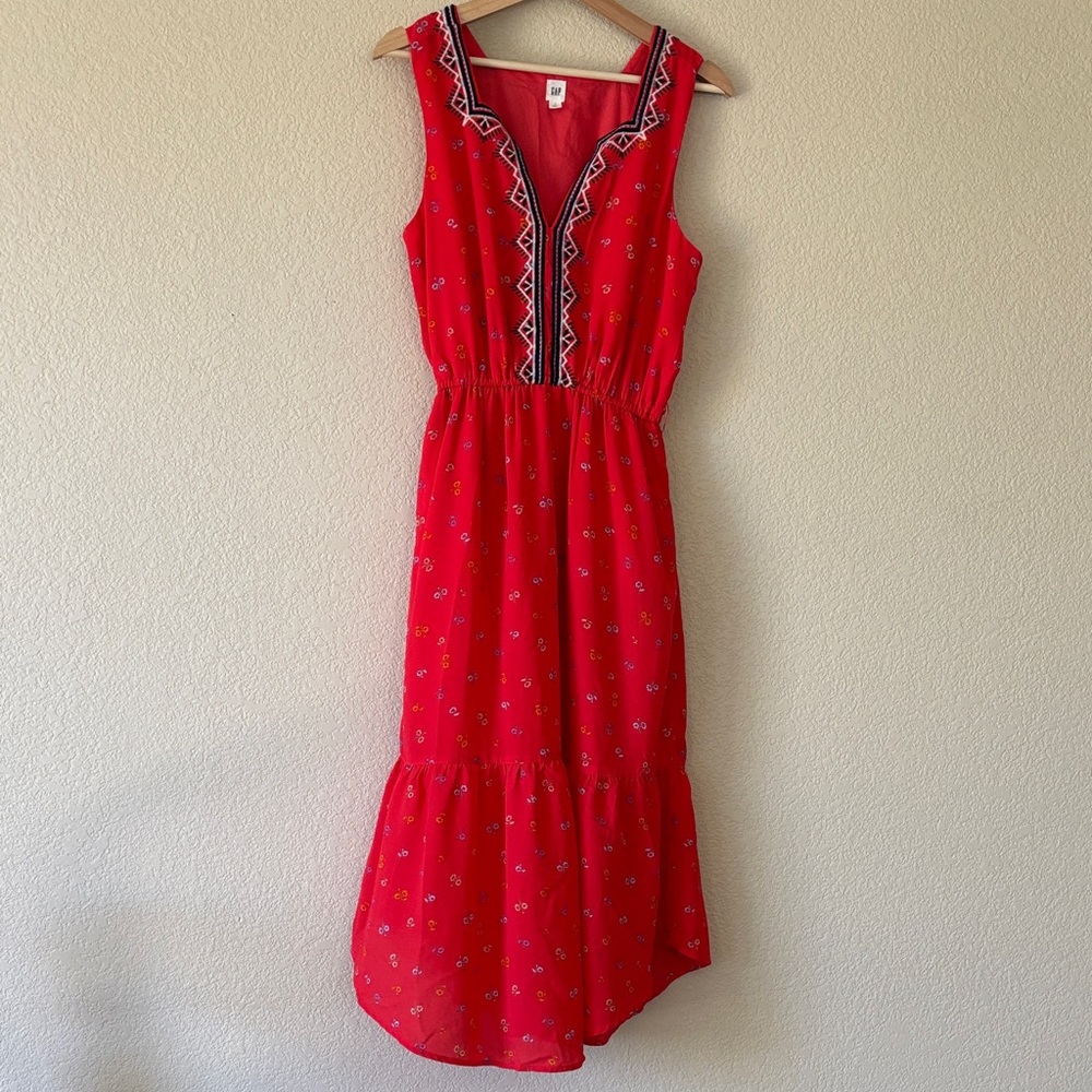 Gap Red Sleeveless Midi Dress With Embroidered Neckline Details